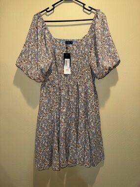 MIKAROSE Blue and Brown Floral Puff-Sleeve Midi Dress